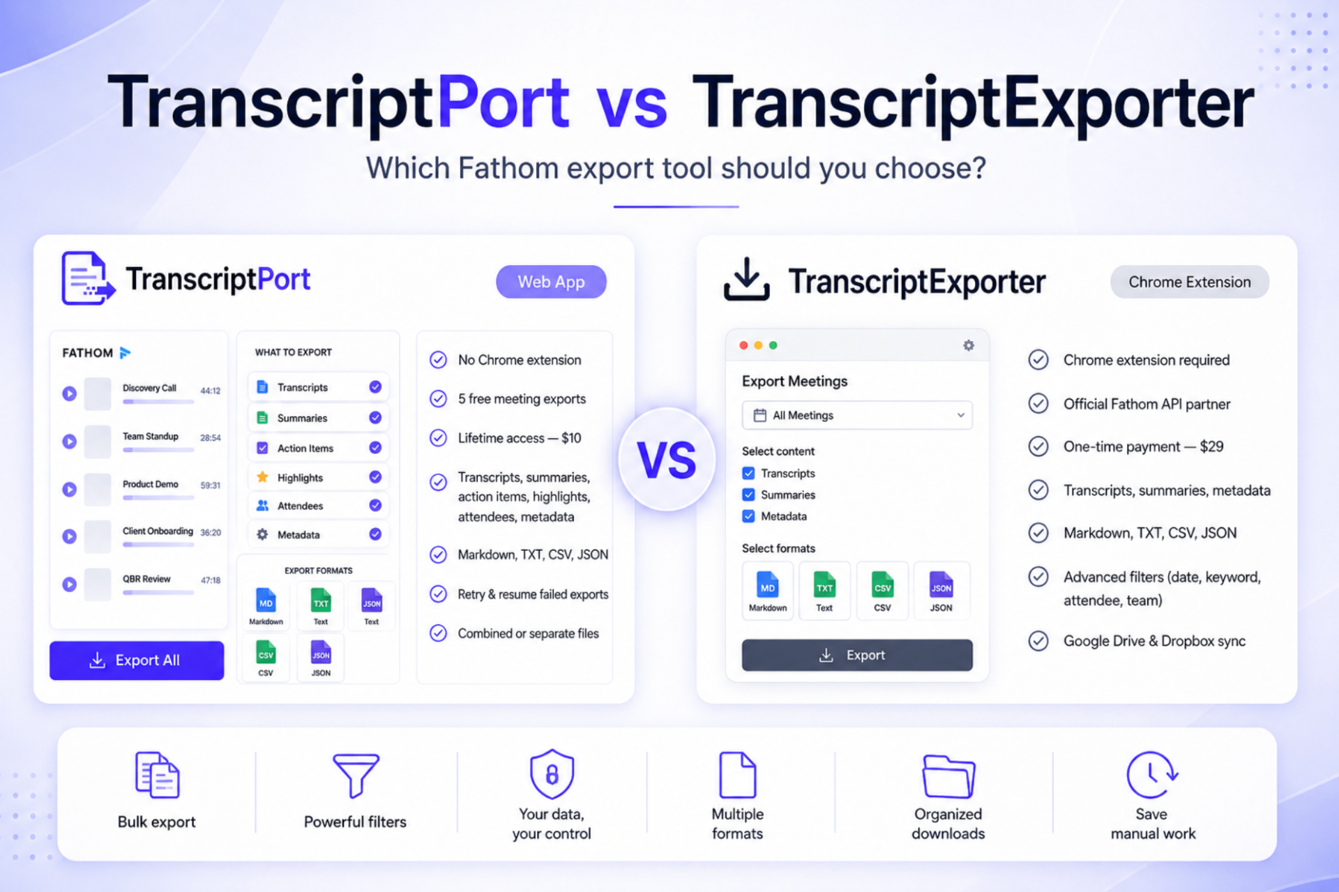 Side-by-side comparison of TranscriptPort and TranscriptExporter for Fathom