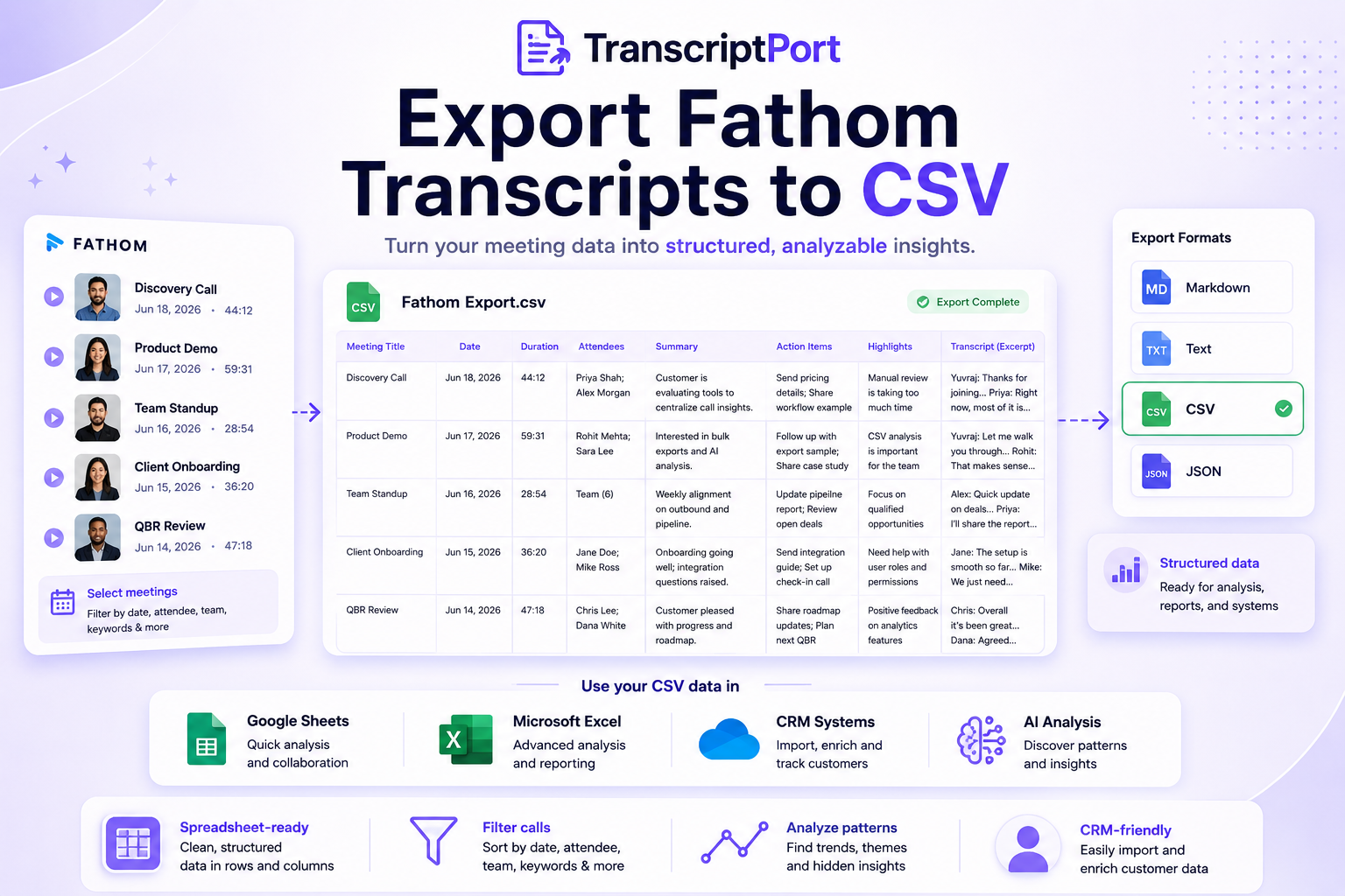 Export Fathom transcripts to CSV with TranscriptPort