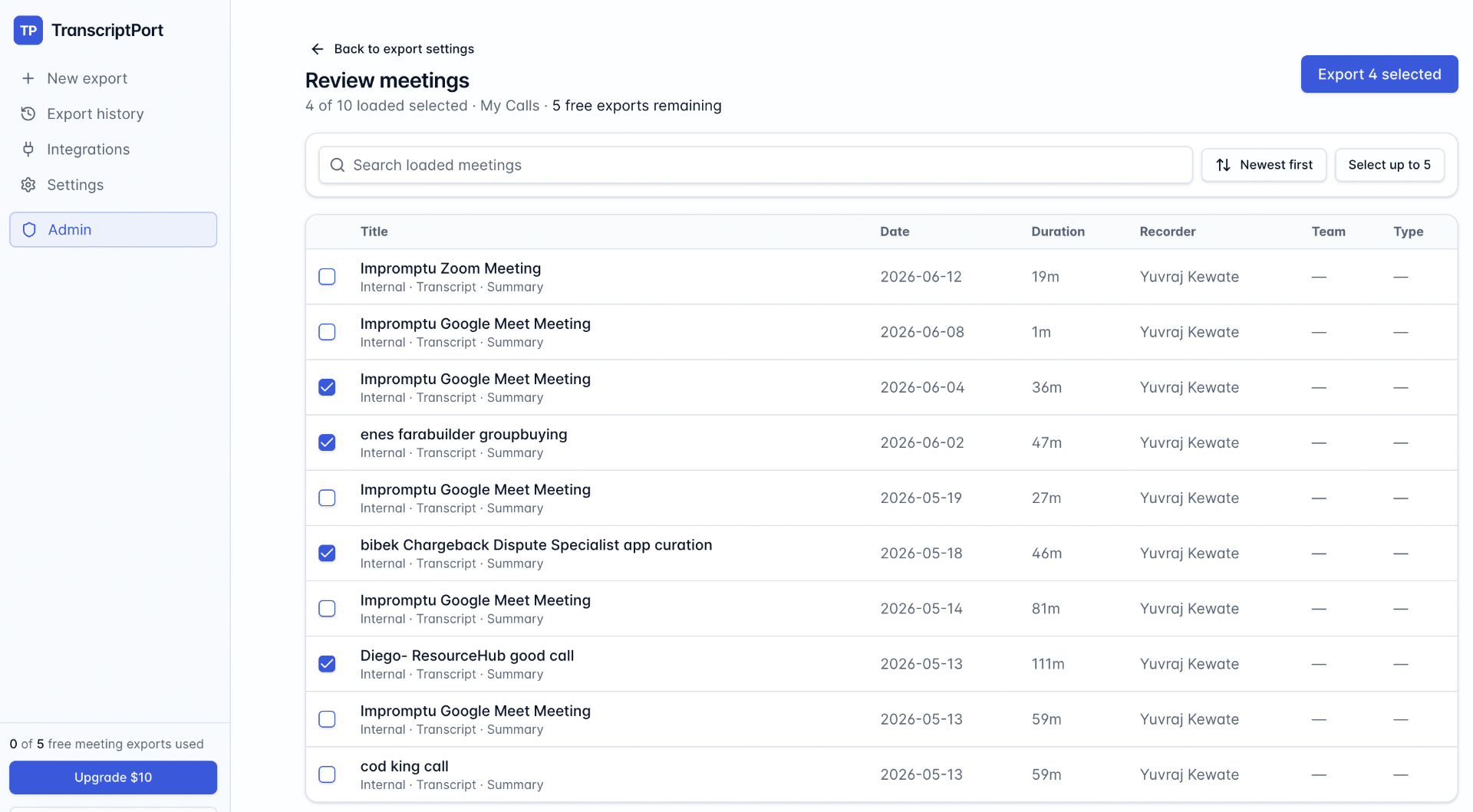 Review meetings screen in TranscriptPort showing a list of Fathom meetings with checkboxes for bulk selection, dates, durations, and recorder names