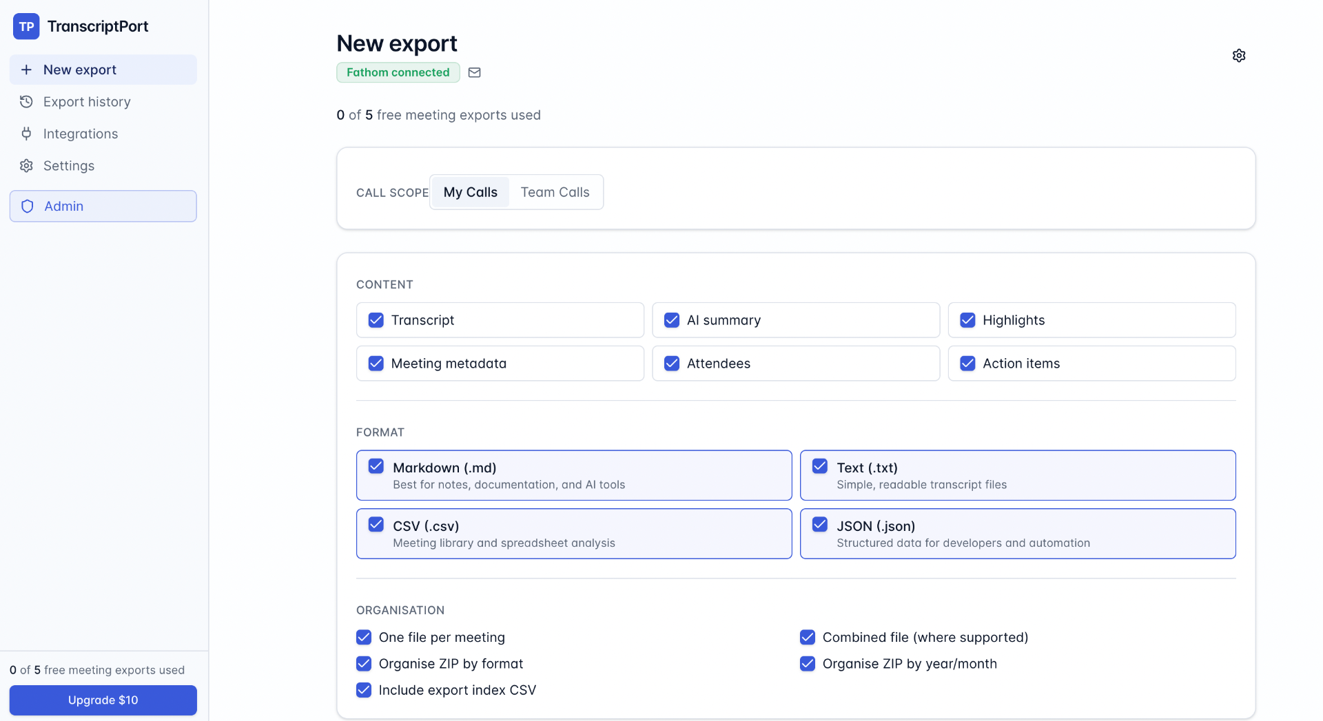 TranscriptPort export configuration screen showing content selection (transcript, AI summary, highlights, attendees, action items, metadata) and format options (Markdown, TXT, CSV, JSON)
